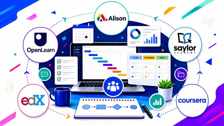 Alison, OpenLearn, Saylor Academy, edX and Coursera logos arranged around project planning tools and course concepts.