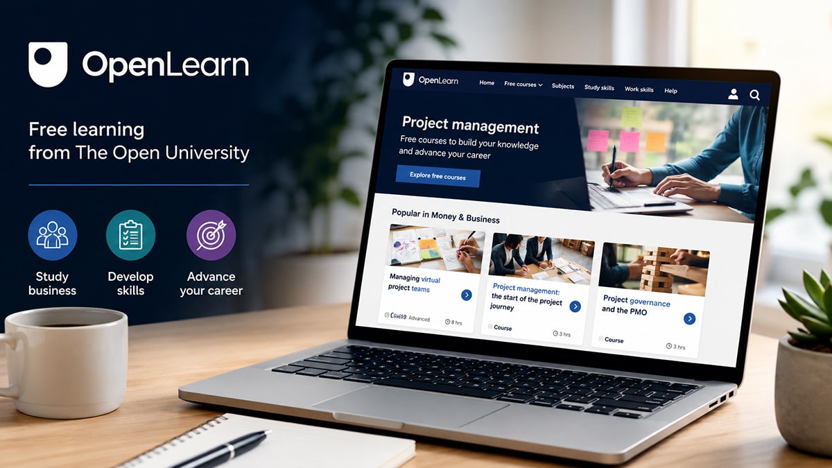 OpenLearn project management courses displayed on a laptop beside study materials and a coffee cup.