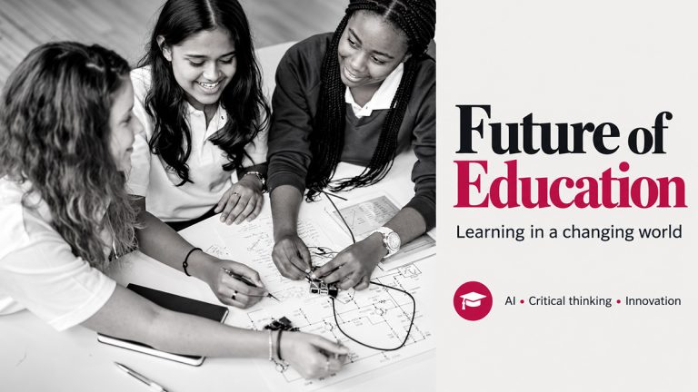 Three students working on an electronics project beside the heading Future of Education.