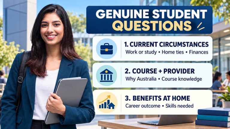 International student beside three key Genuine Student questions about current circumstances, course choice and benefits at home