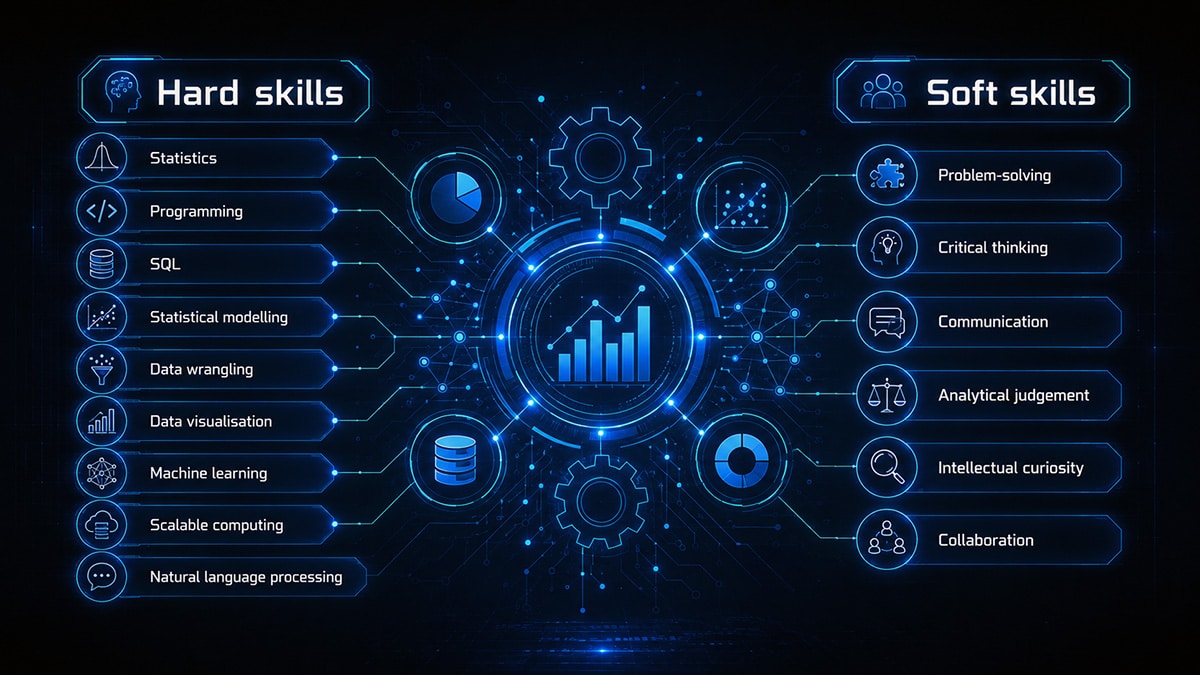 Data science infographic listing nine hard skills and six soft skills around a central analytics dashboard.