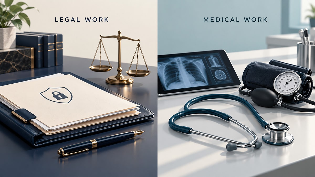 Legal documents and scales of justice beside a stethoscope, blood pressure cuff and medical scans, contrasting legal and medical work.