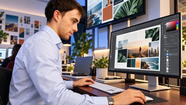 Marketing professional in a blue dress shirt creating campaign designs on a computer in a modern office.