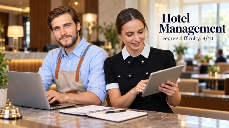 Man and woman using a laptop and tablet in a hotel lobby beside a degree difficulty rating of 4/10.