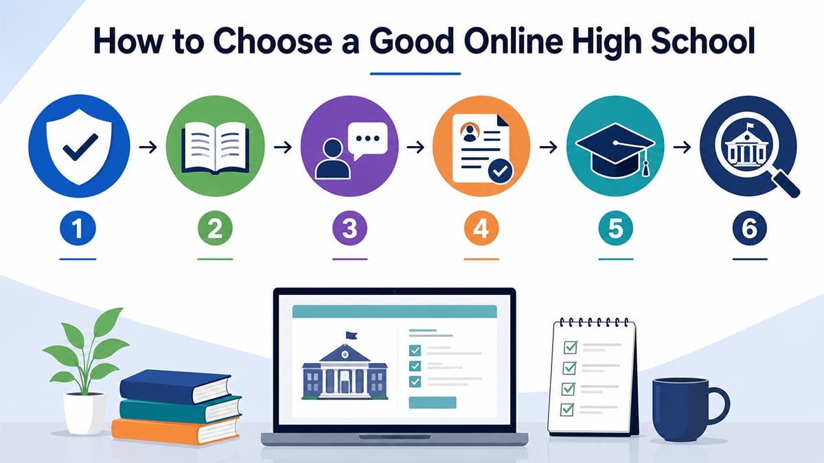 Six-step infographic showing accreditation, curriculum, teacher support, records, college preparation and school reputation checks for choosing an online high school.