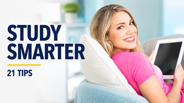 Woman studying online with a tablet beside the words “Study Smarter – 21 Tips”