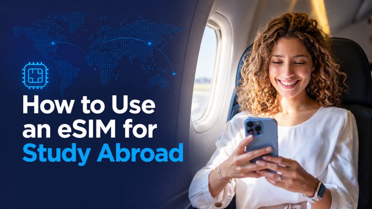 Woman using a smartphone on a plane beside the text How to Use an eSIM for Study Abroad.