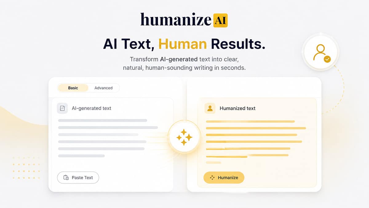HumanizeAI interface showing AI-generated text transformed into humanized writing with gold highlights.