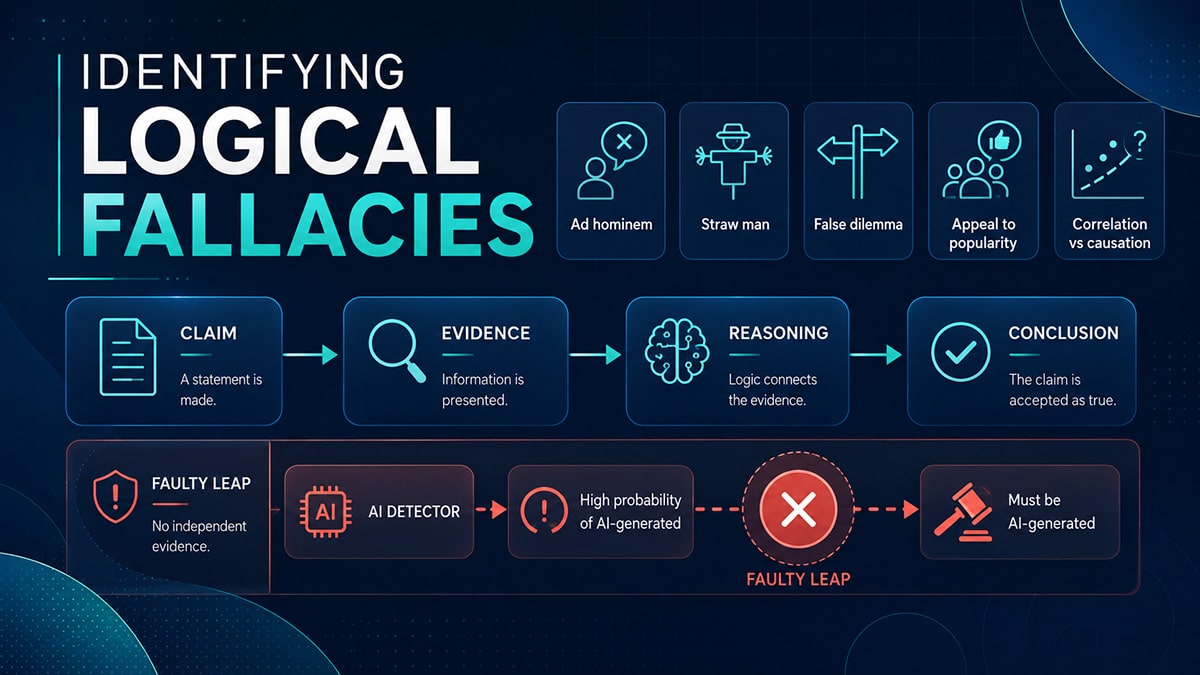 infographic showing claims, evidence, reasoning and conclusions, including a faulty leap from an AI detector result.