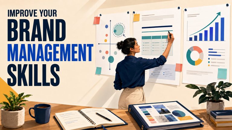 Brand manager develops her skills by annotating a messaging framework beside market-positioning and performance boards.