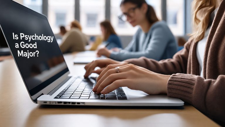 Student typing on a laptop displaying “Is Psychology a Good Major?” in a university study room