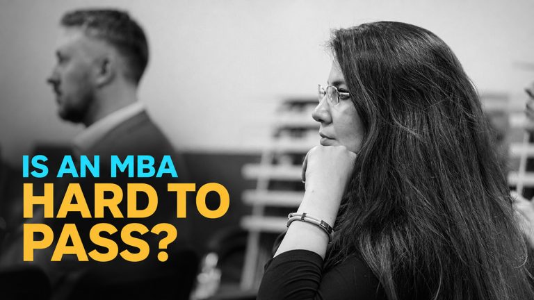 Students listening in a classroom beside colourful text reading “Is an MBA hard to pass?”