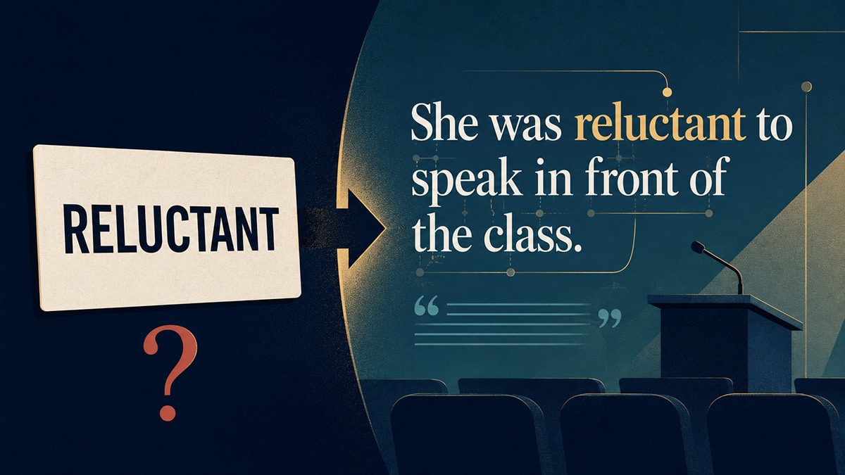 The word “reluctant” shown alone and then used in a complete sentence to demonstrate how context explains vocabulary.