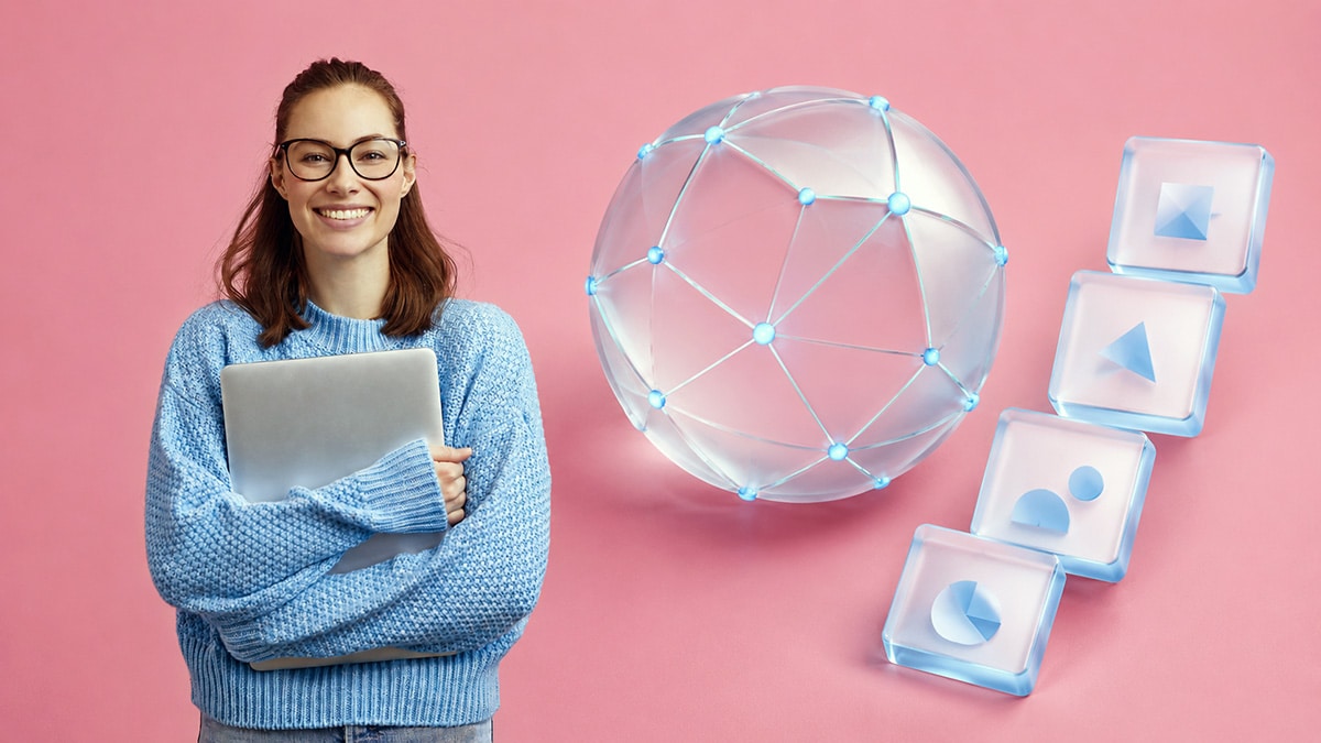 Lerna Courses student holding a laptop beside a connected globe and digital course tiles