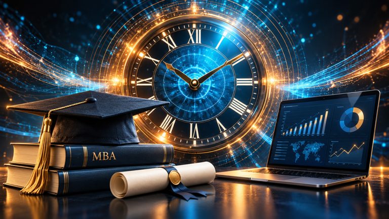 Graduation cap, MBA textbooks, diploma and laptop in front of an illuminated clock.