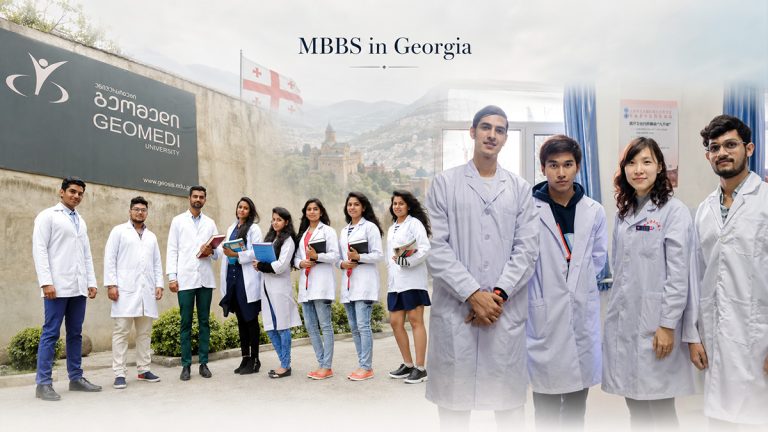 Indian and international medical students in white coats outside Geomedi University and in a classroom setting, illustrating MBBS study in Georgia.
