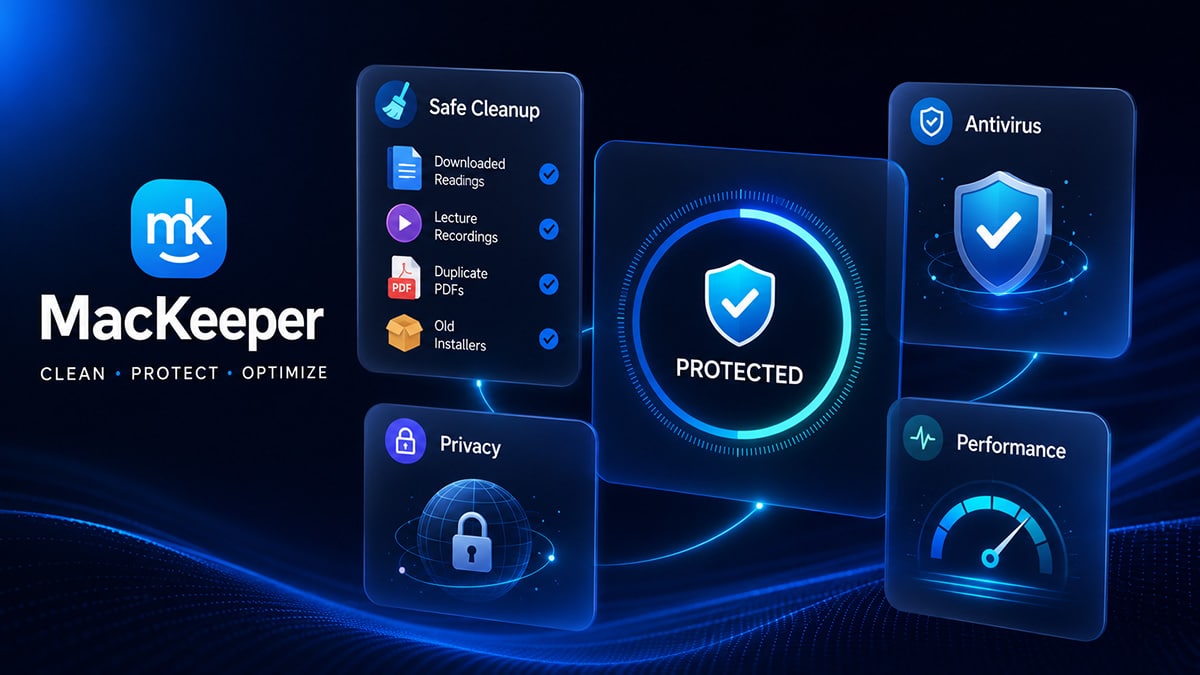 MacKeeper features showing file cleanup, antivirus protection, privacy tools and Mac performance optimization