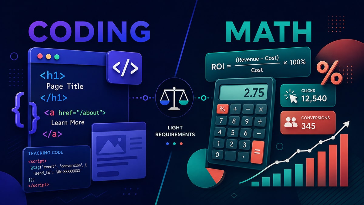 Coding examples beside a calculator, ROI formula, and digital marketing performance metrics