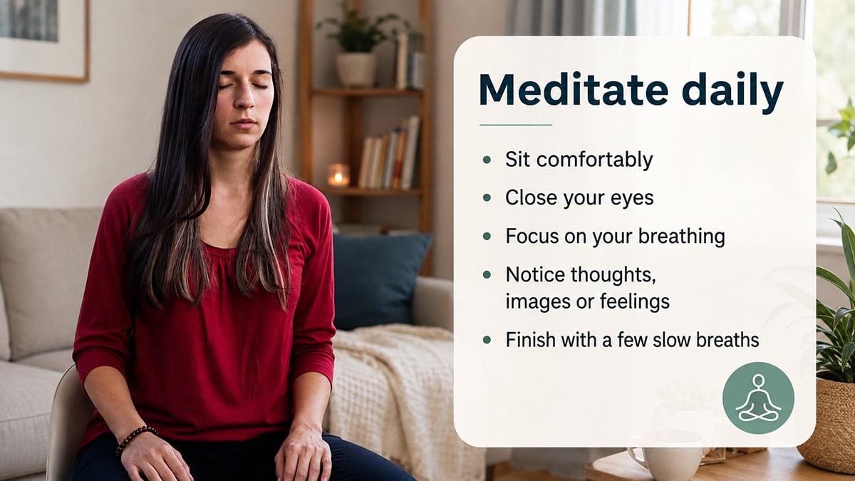 Woman meditating at home beside simple daily meditation instructions