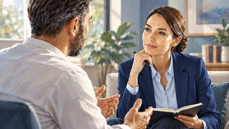 Psychologist holding an open notebook and listening to a male client during a counseling session.