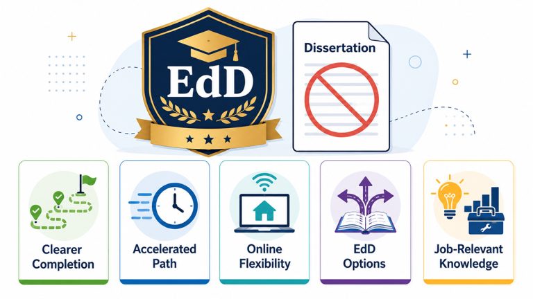 Vector graphic showing an EdD without a dissertation and five benefits: clearer completion, accelerated study, online flexibility, program options and job-relevant knowledge.