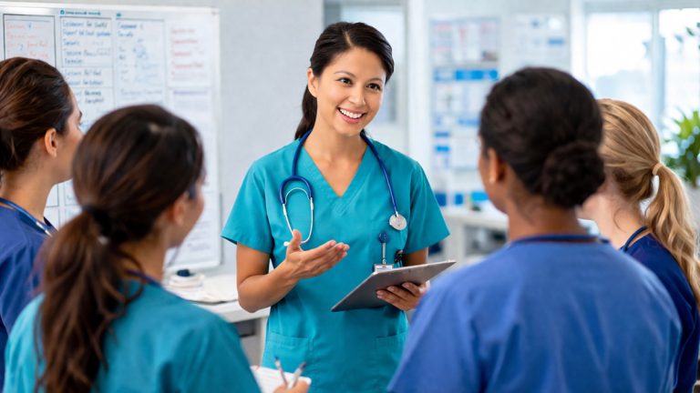 Nurse in scrubs leading a team discussion with other nurses in a hospital setting, demonstrating leadership and coordination