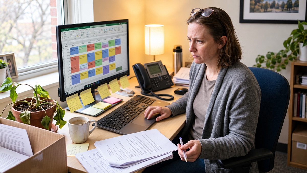 Nursing placement coordinator reviews a color-coded clinical rotation schedule on a computer.