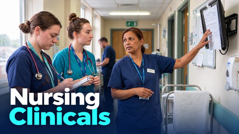 Nurse preceptor guides two nursing students during a hospital placement, with the text Nursing Clinicals.