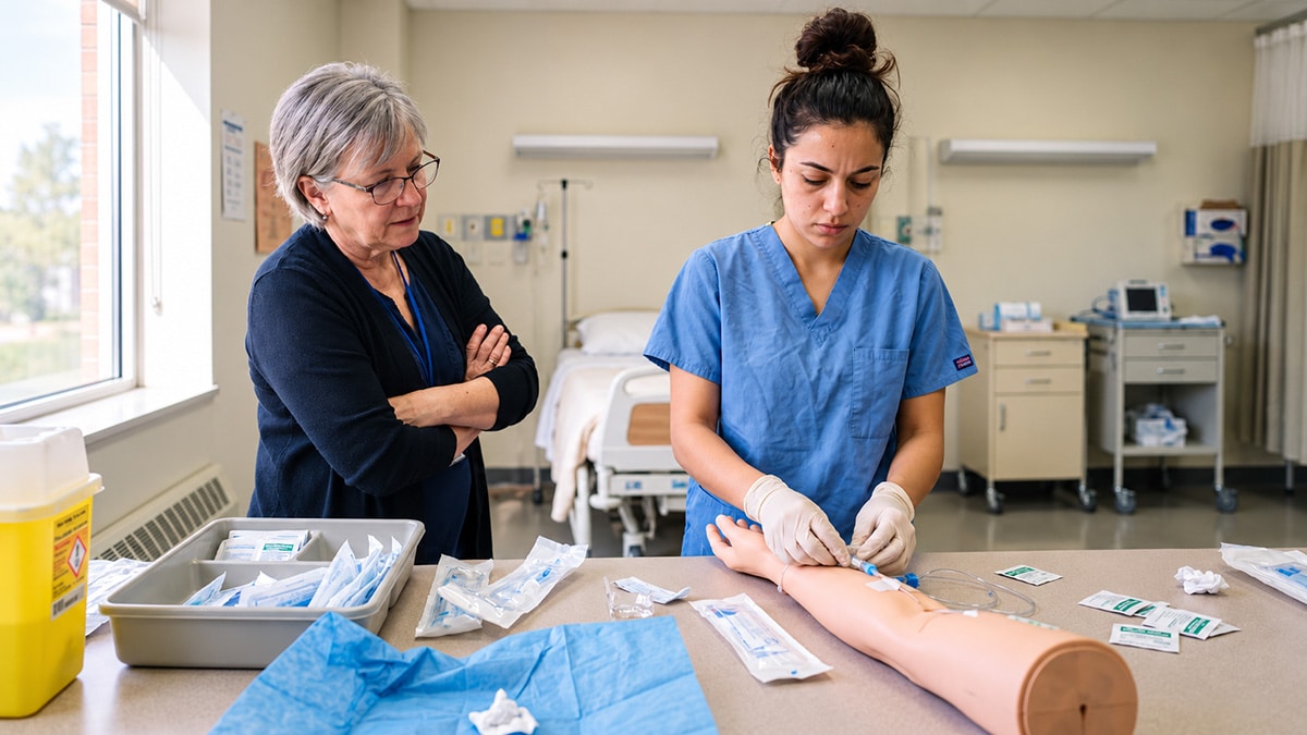Nursing student practices IV cannulation on a training arm while a nurse educator observes.