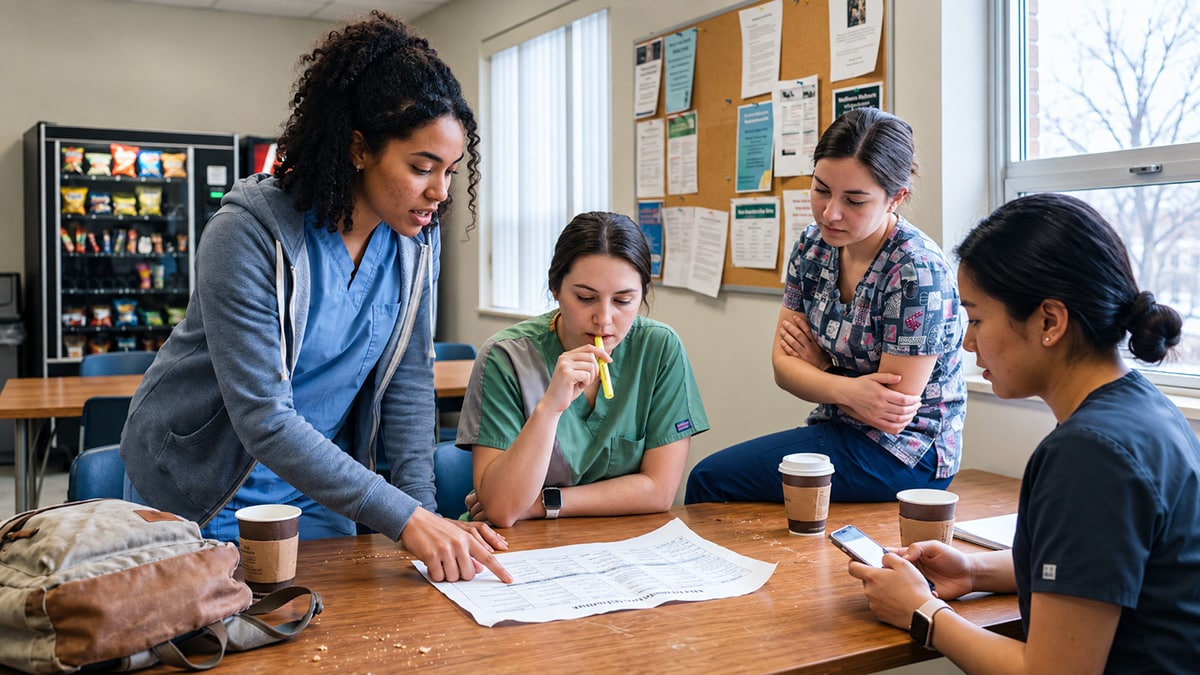 Four nursing students review a printed clinical rotation schedule together around a table.