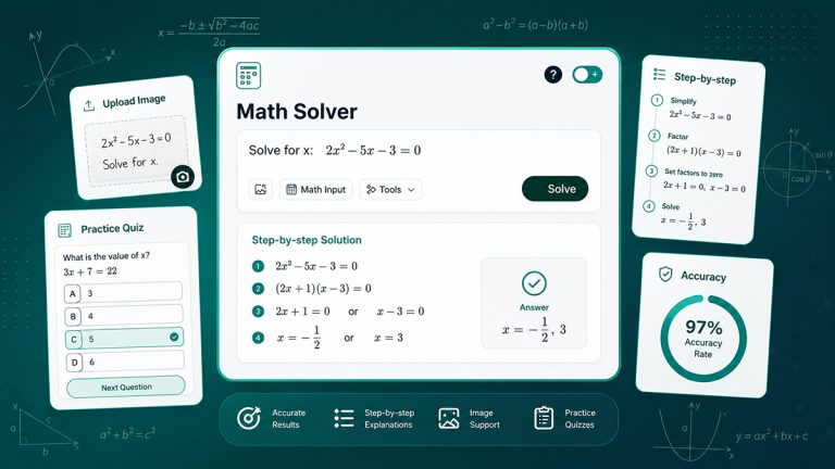 Online math solver showing image upload, step-by-step working, a practice quiz and an accuracy score.