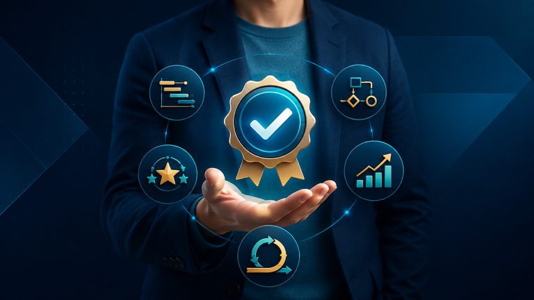 Business professional presenting a certification badge surrounded by symbols for five online management programs