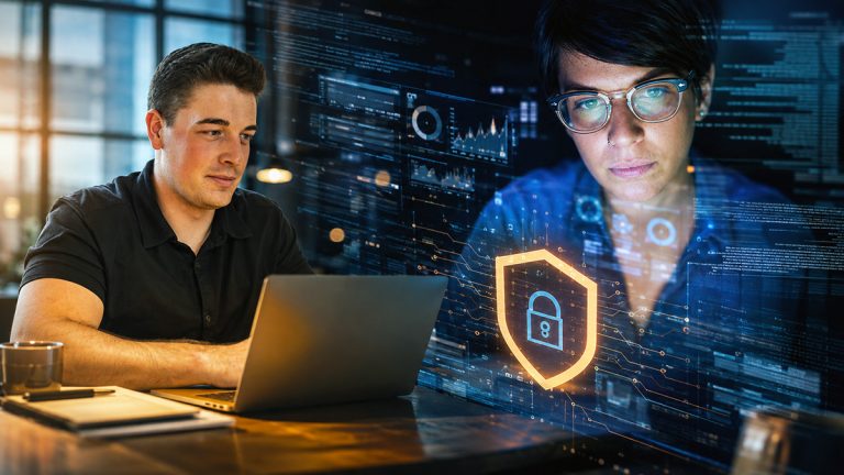 Online master’s student and cybersecurity analyst working beside a digital security shield