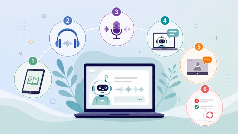 Vector illustration showing six online language-learning activities: guided lessons, listening, speaking, AI conversation, live tutoring and mistake review.