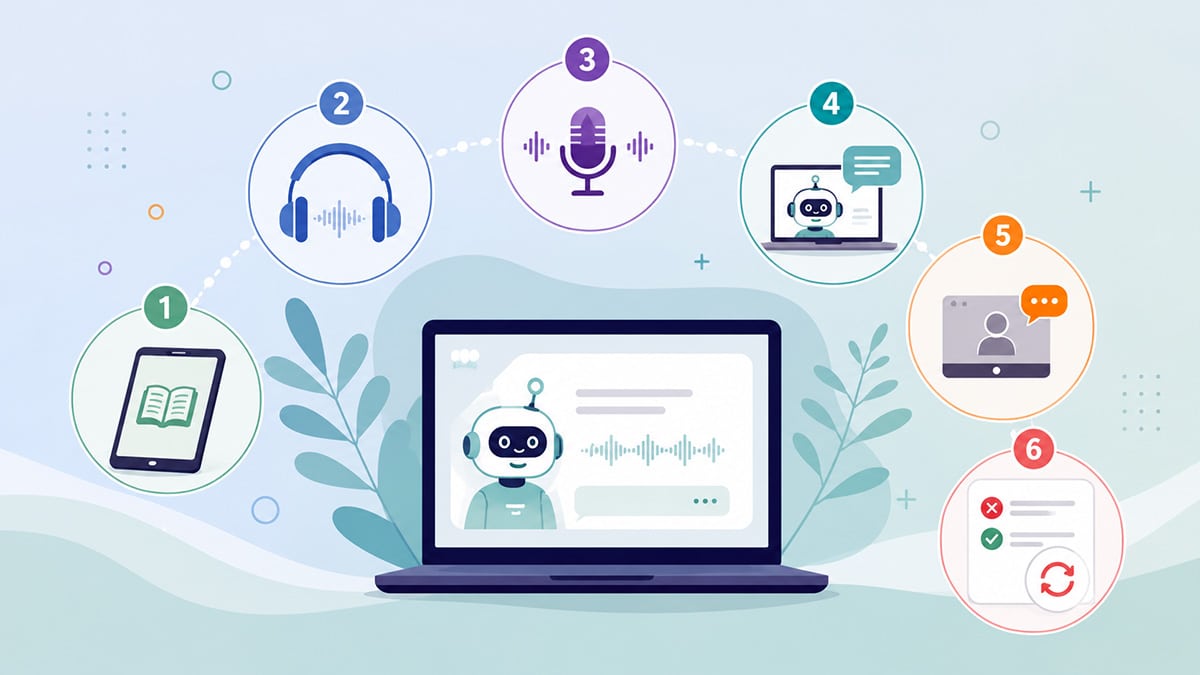 Vector illustration showing six online language-learning activities: guided lessons, listening, speaking, AI conversation, live tutoring and mistake review.