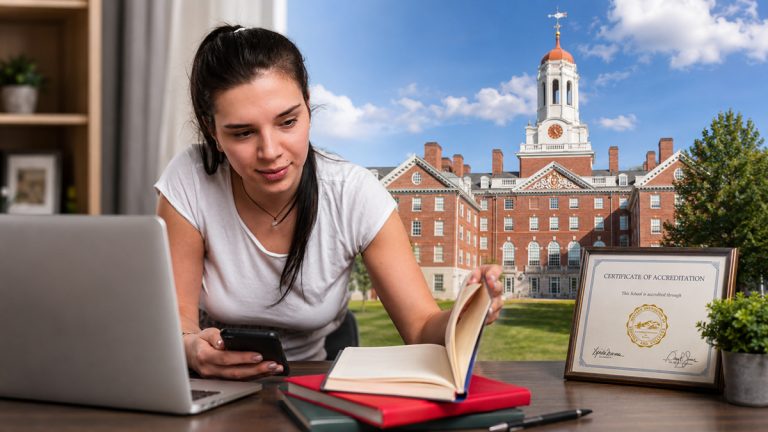 Student studying with a laptop and book beside an accreditation certificate, with a university campus building in the background.