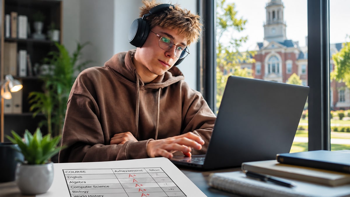 Online high school student working on a laptop with strong grades on the desk and a university campus visible through the window.