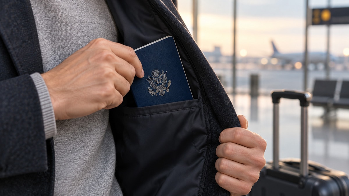 American passport being placed into an inside jacket pocket at an airport.