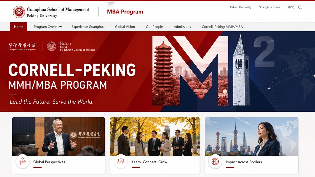 Stylised Peking Guanghua MBA page showing campus architecture, international students, a guest speaker and global business themes.