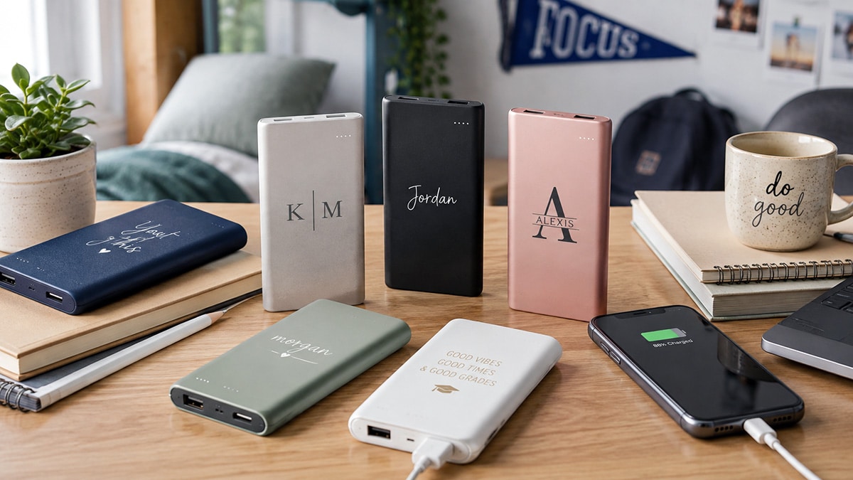 Personalized power banks with names, initials and messages arranged on a college study desk beside a charging phone