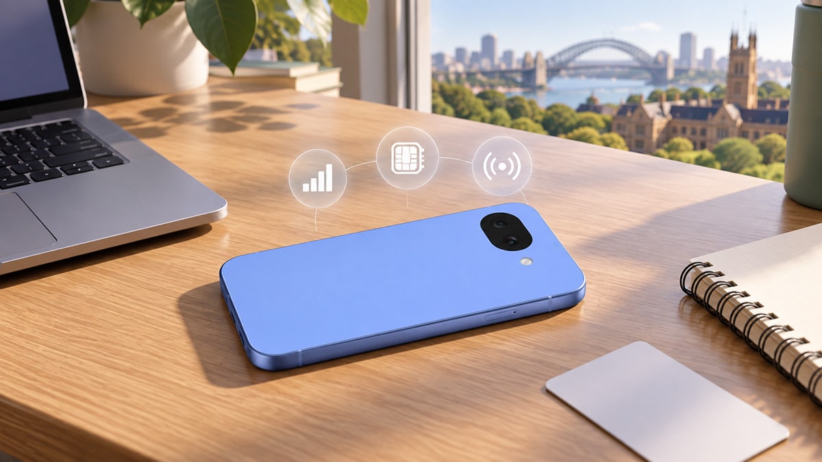 Blue smartphone on a student desk with laptop, notebook and mobile signal icons.