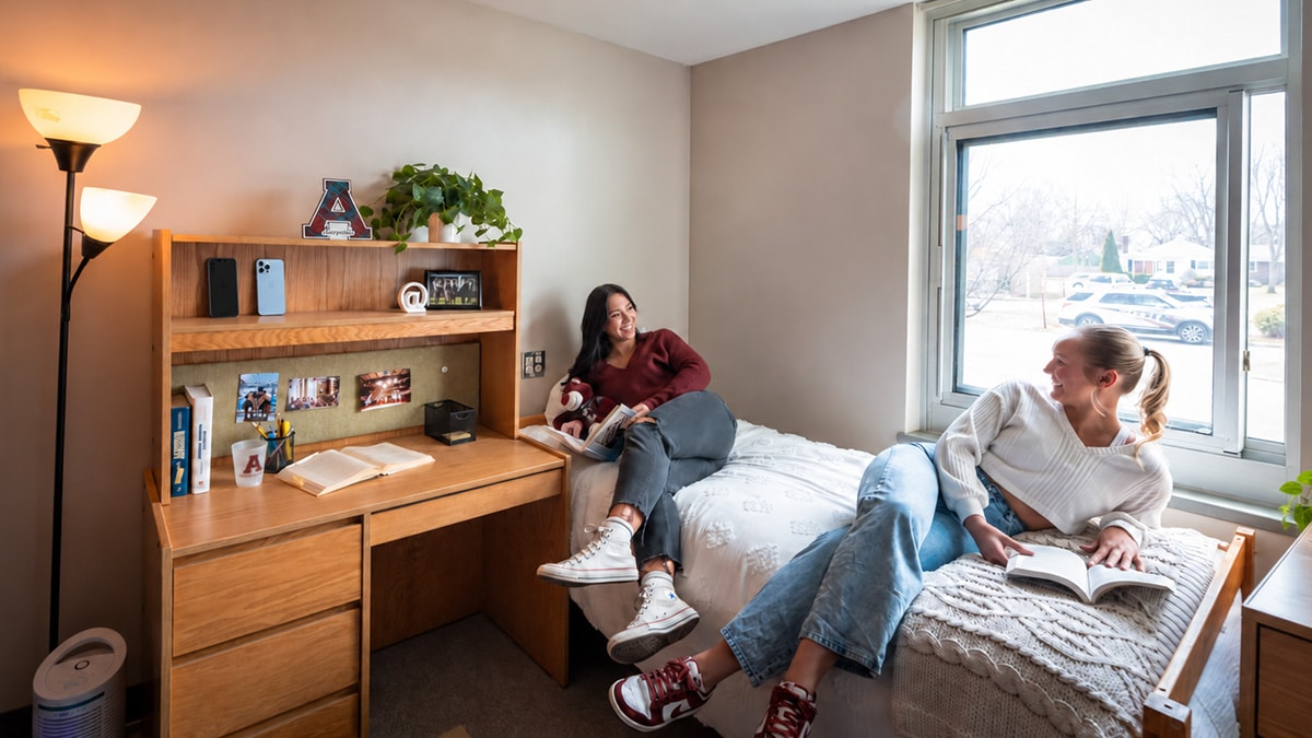 Two college students relaxing with books in a dorm room, their phones placed out of reach on a shelf.