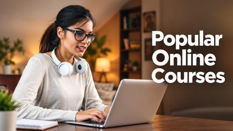 Woman studying on a laptop at home beside the text “Popular Online Courses”.