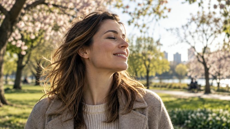 Woman smiling with her eyes closed in a sunny park with flowering trees