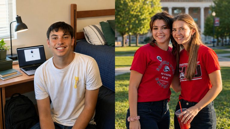 Split image of a freshman in a prepared dorm room and two students together on a college campus.