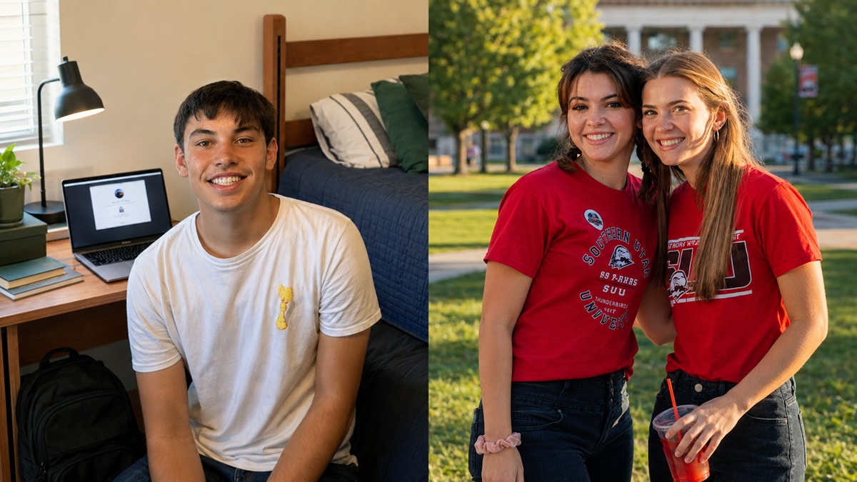 Split image of a freshman in a prepared dorm room and two students together on a college campus.