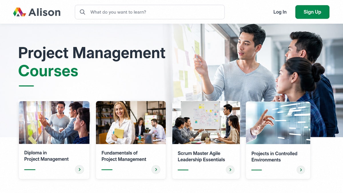 Alison project management course page featuring course cards for project management, Agile leadership and controlled environments.
