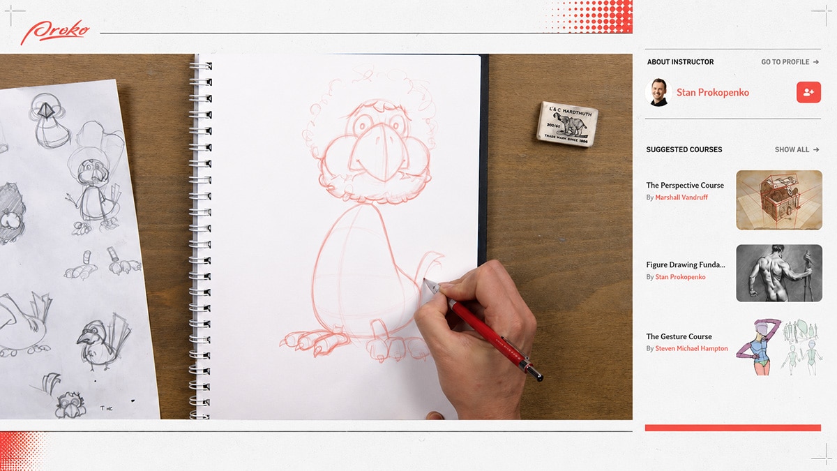 Proko Drawing Basics course showing an artist sketching a cartoon bird beside perspective and figure drawing lessons