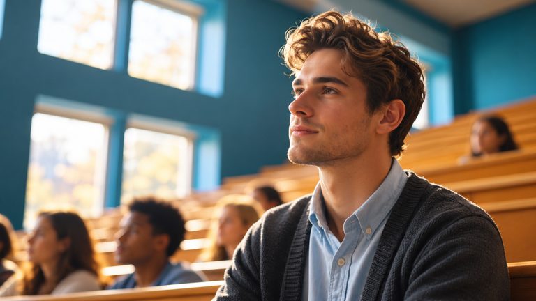Young male university student listening attentively in a sunlit lecture hall