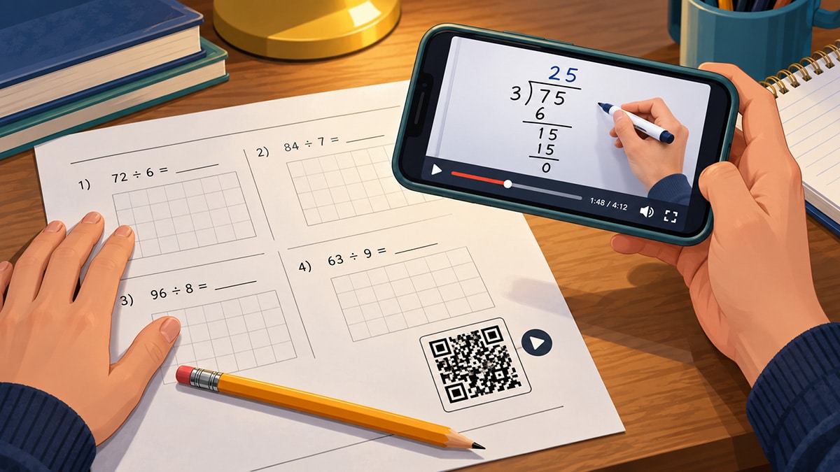 Smartphone playing a long division tutorial above a maths homework sheet with a QR code.